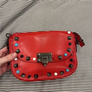 Red Studded Crossbody Bag with Multicolor Accent Studs